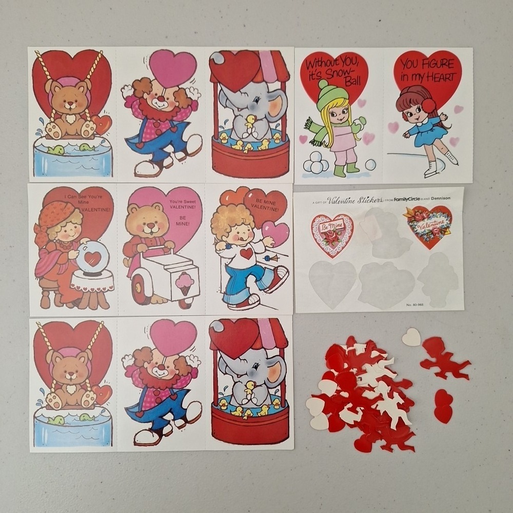 Vintage 1970's Valentines Cards Stickers & Craft Confetti, 11 Cards Rare Find